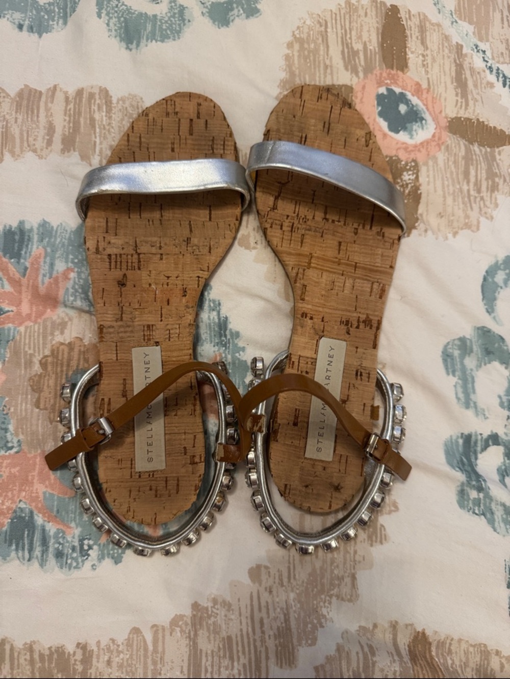 Stella McCartney Silver Metallic Cork Slide Sandals with Brown Ankle Straps